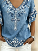 Blue Denim Cross Floral Print V-Neck Ruffle Short Sleeve Casual T-Shirt