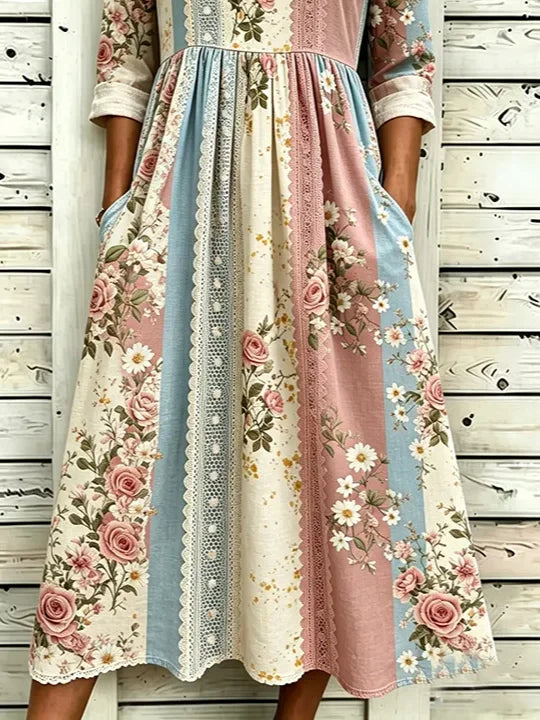 Color Block Lace Panel Rose Floral Print Crew Neck Three-Quarter Sleeve H-Line Midi Dress