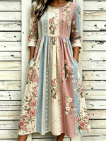 Color Block Lace Panel Rose Floral Print Crew Neck Three-Quarter Sleeve H-Line Midi Dress