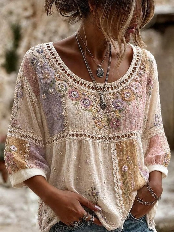 Multicolor Tie-Dye Floral Embroidery Eyelet Lace Scoop Neck Peplum Three-Quarter Sleeve Loose Blouse