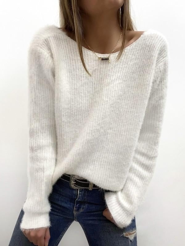 Plain Boat Neck White Long Sleeves Sweater