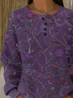 Purple Waffle Knit Floral Vine Print Henley Button Crew Neck Long Sleeve Casual Sweatshirt