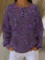 Purple Waffle Knit Floral Vine Print Henley Button Crew Neck Long Sleeve Casual Sweatshirt