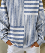 Blue White Patchwork Mixed Vertical & Horizontal Stripe Crew Neck Long Sleeve Loose Sweatshirt