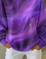 Purple Galaxy Swirl Glitter Ombre Crew Neck Long Sleeve Loose Casual Sweatshirt
