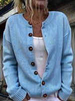 Denim Blue Crew Neck Knit Button Front Casual Cardigan