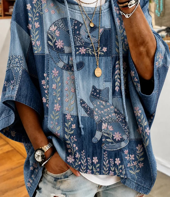 Denim Patchwork Floral Cat Print Short Sleeve Drawstring Hoodie