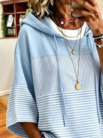 Blue White Horizontal Stripe Short Sleeve Drawstring Hoodie