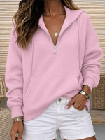 Solid Pink Half Zip Drawstring Hooded Long Sleeve Sweatshirt