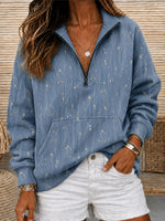 Blue Delicate Floral Print Half Zip Stand Collar Long Sleeve Sweatshirt