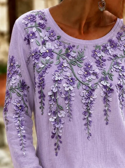 Casual Floral Simple Crew Neck Long Sleeve T-shirt