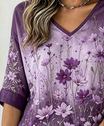 Vintage Floral Casual V Neck Half Sleeve T-shirt
