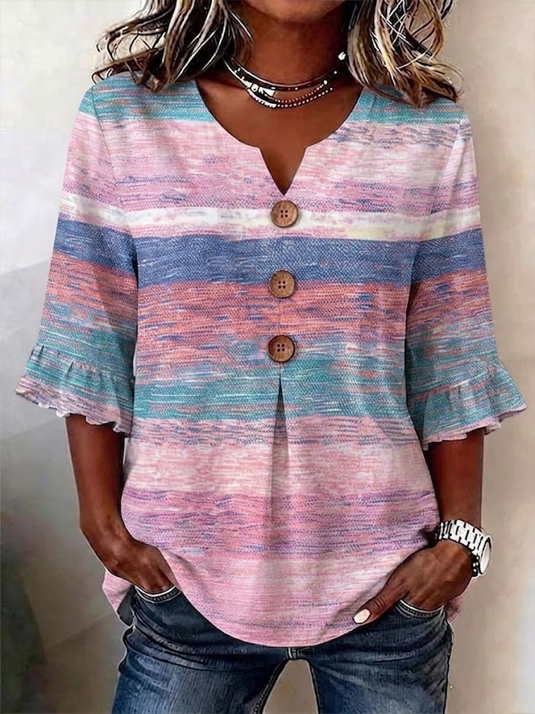 Casual V Neck Half Sleeve Striped Regular Regular Fit Blouse For Women
