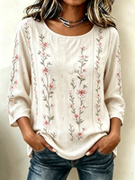 Crew Neck Half Sleeve Floral Print Regular Micro-Elasticity Loose Blouse For Women