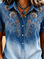 Shawl Collar Short Sleeve Floral Micro-Elasticity Regular Fit Shirt For Women