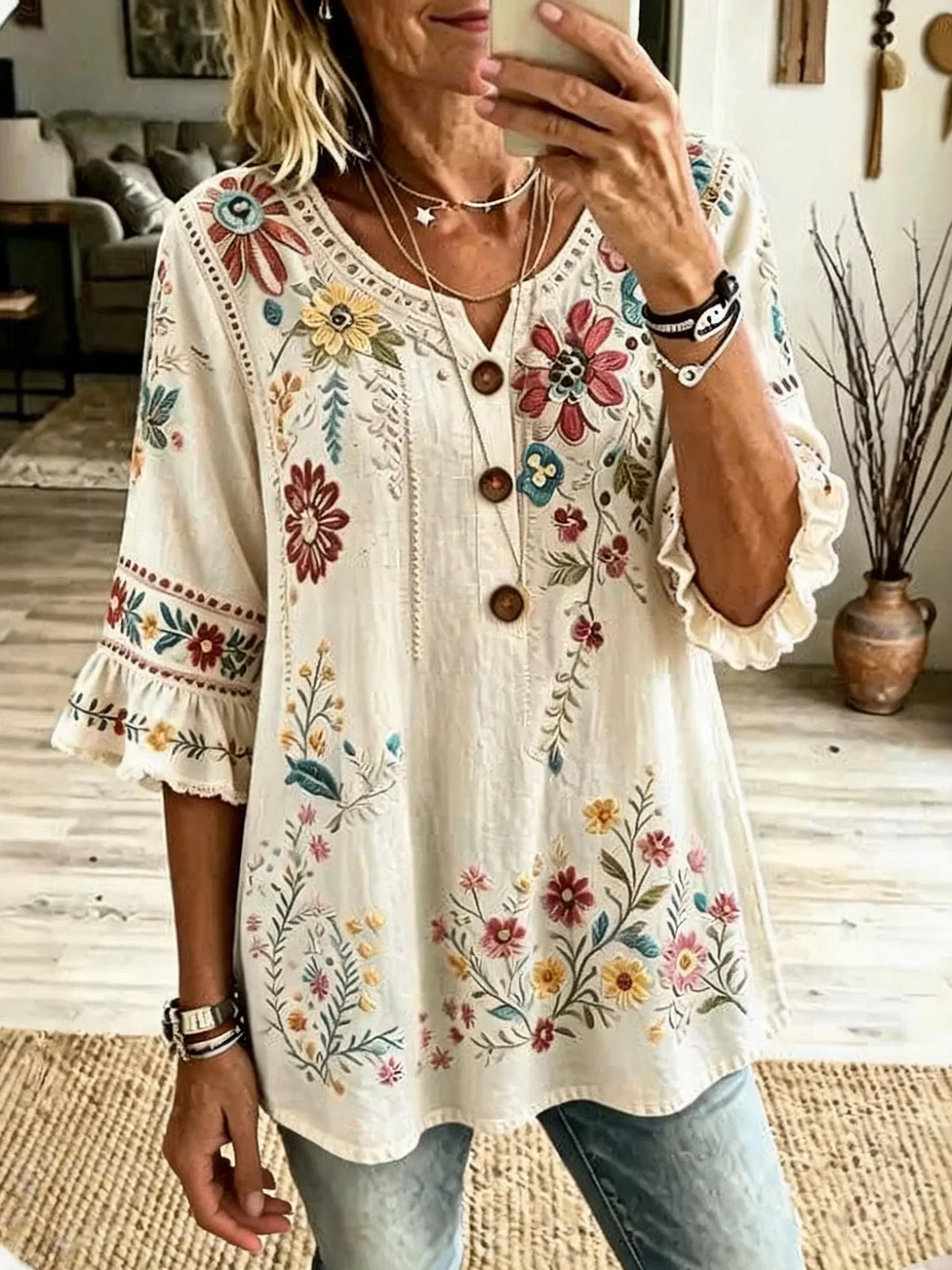 Elegant Women Floral Casual Blouse V Neck Half Sleeve Top