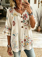 Elegant Women Floral Casual Blouse V Neck Half Sleeve Top