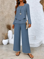 Textured Square Neck Long Sleeve Top & Wide Leg Pants Two-Piece Outfit Set