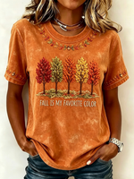 Fall Tree Print Crew Neck Short Sleeve Casual T-shirt