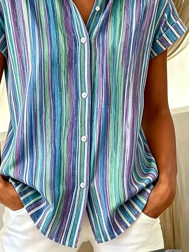 Women Abstract Stripes Casual Shirt, Shirt Collar Short Sleeve Button Down Printed Top