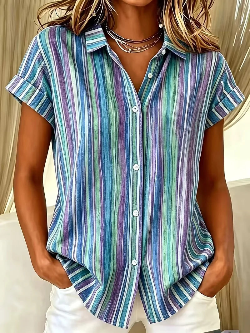 Women Abstract Stripes Casual Shirt, Shirt Collar Short Sleeve Button Down Printed Top