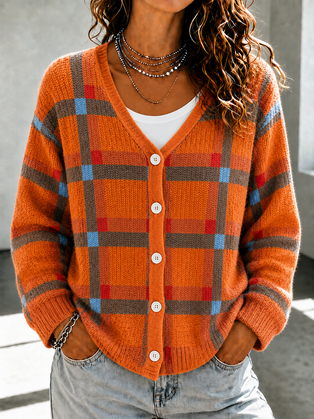 Plaid Pattern V-Neck Button Front Knit Cardigan