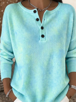 Ombre Tie Dye Henley Button Neck Ribbed Long Sleeve Top