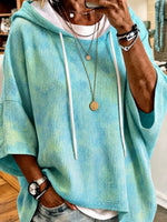 Ombre Tie Dye Waffle Knit Drawstring Hooded Half Sleeve Top