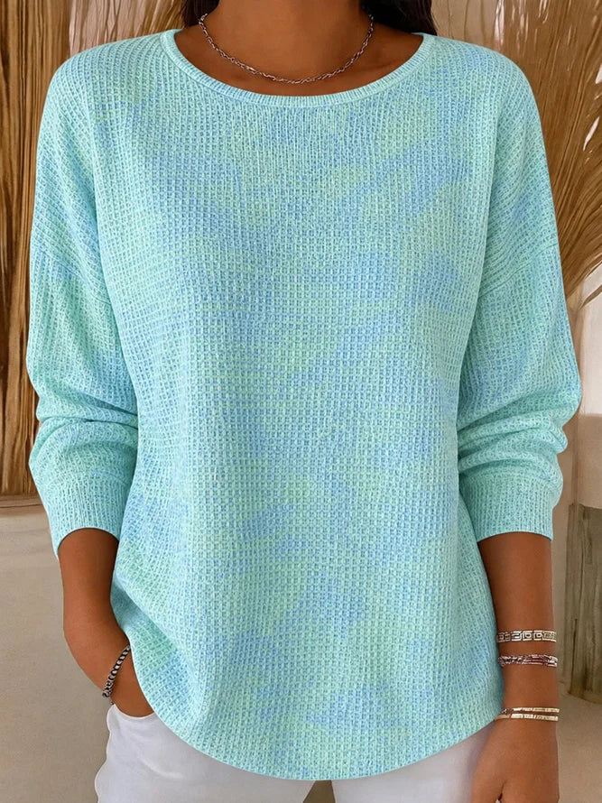 Ombre Tie Dye Waffle Knit Crew Neck Long Sleeve Top