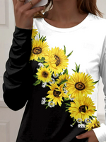 Two Tone Sunflower Floral Print Crew Neck Long Sleeve T-shirt