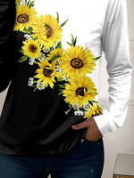 Two Tone Sunflower Floral Print Crew Neck Long Sleeve T-shirt