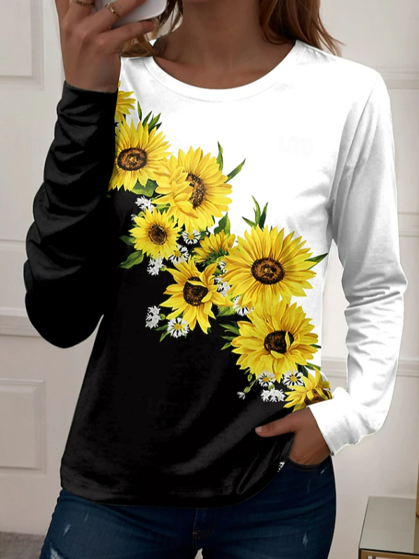 Two Tone Sunflower Floral Print Crew Neck Long Sleeve T-shirt