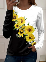Two Tone Sunflower Floral Print Crew Neck Long Sleeve T-shirt
