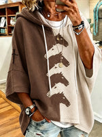 Color Block Horse Print Short Sleeve Drawstring Hoodie