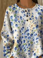 Watercolor Blue Floral Henley Button Crew Neck Waffle Knit Top