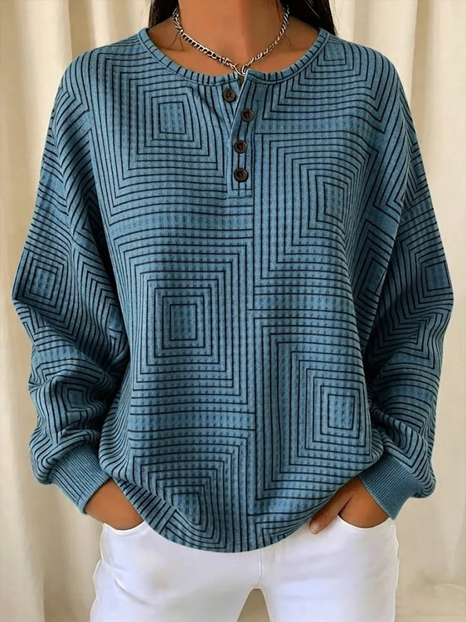 Geometric Square Line Print Henley Button Crew Neck Long Sleeve Sweatshirt