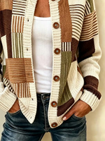 Color Block Patchwork Striped Button Front Knit Cardigan