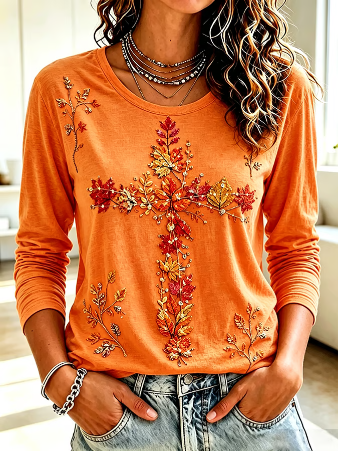Autumn Maple Leaf Cross Print Crew Neck Long Sleeve Top