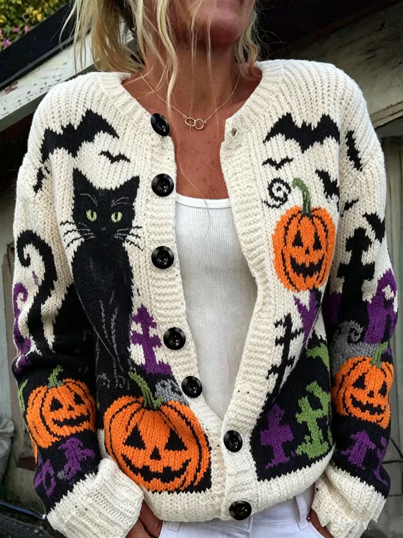 Halloween Black Cat Pumpkin Bat Pattern Button Front Knit Jacket