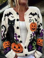 Halloween Black Cat Pumpkin Bat Pattern Button Front Knit Jacket