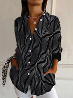 Wave Geometric Print Lapel Long Sleeve Button Down Shirt