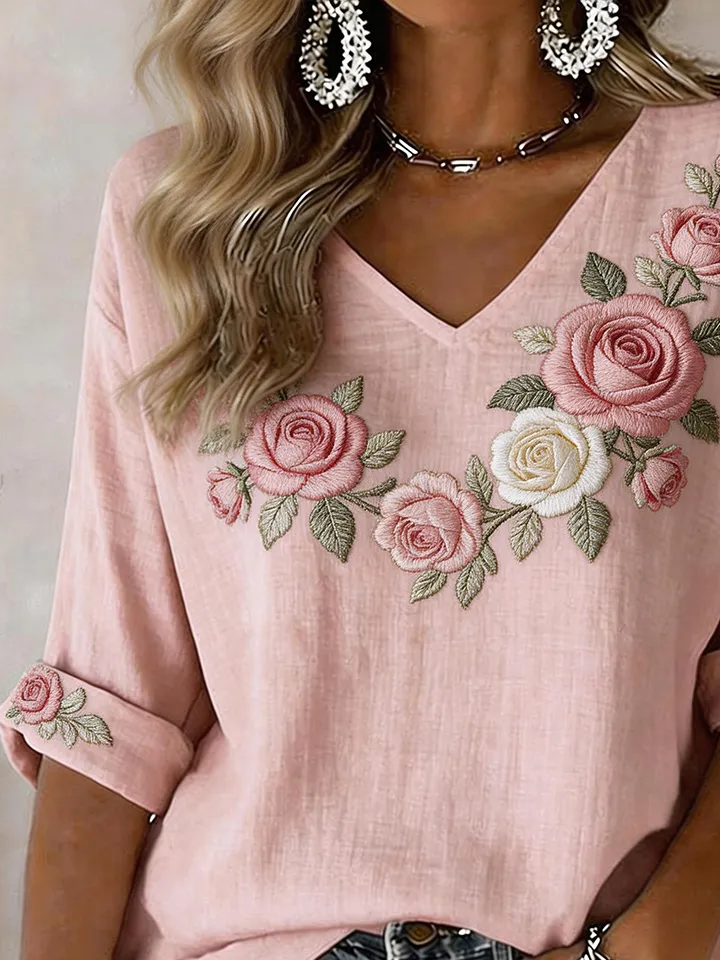 Vintage Floral V Neck Half Sleeve T-shirt