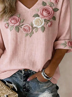 Vintage Floral V Neck Half Sleeve T-shirt