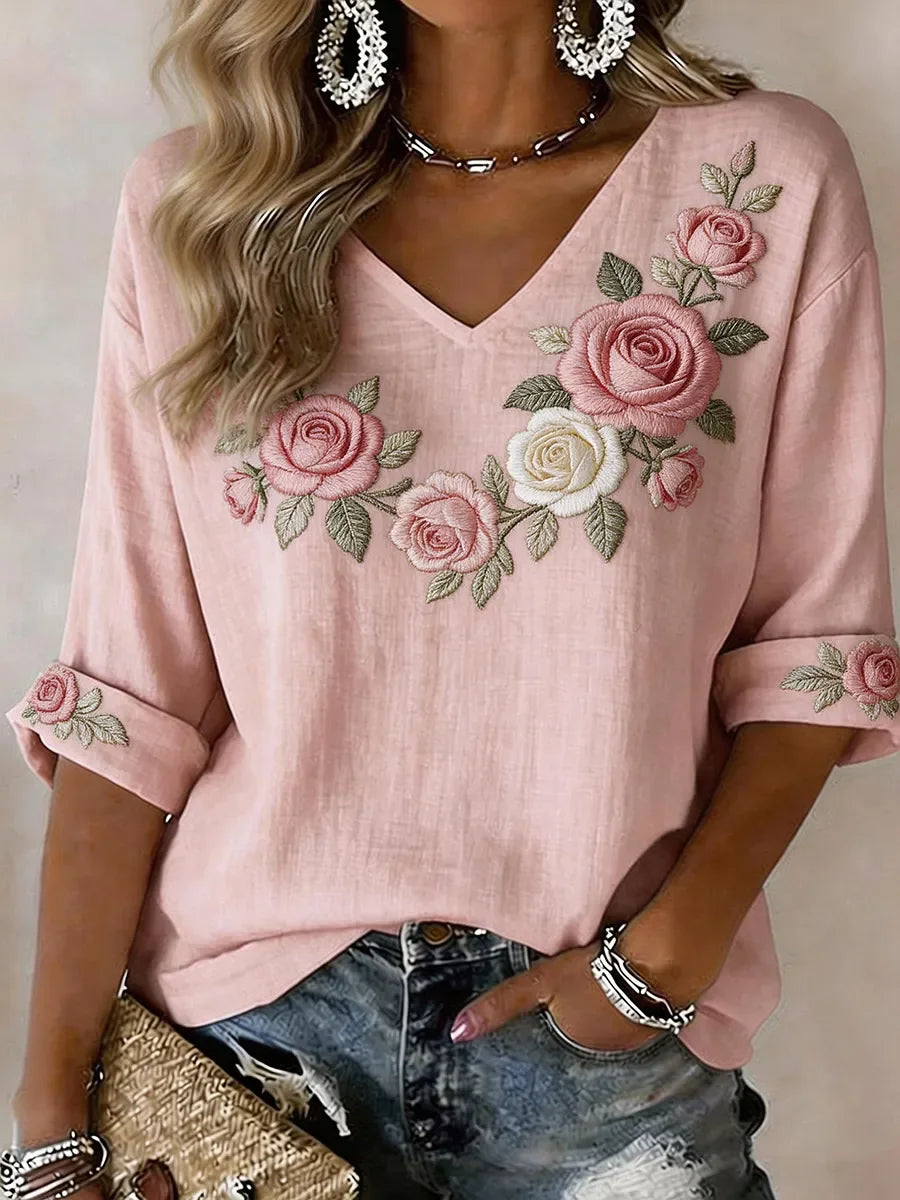 Vintage Floral V Neck Half Sleeve T-shirt