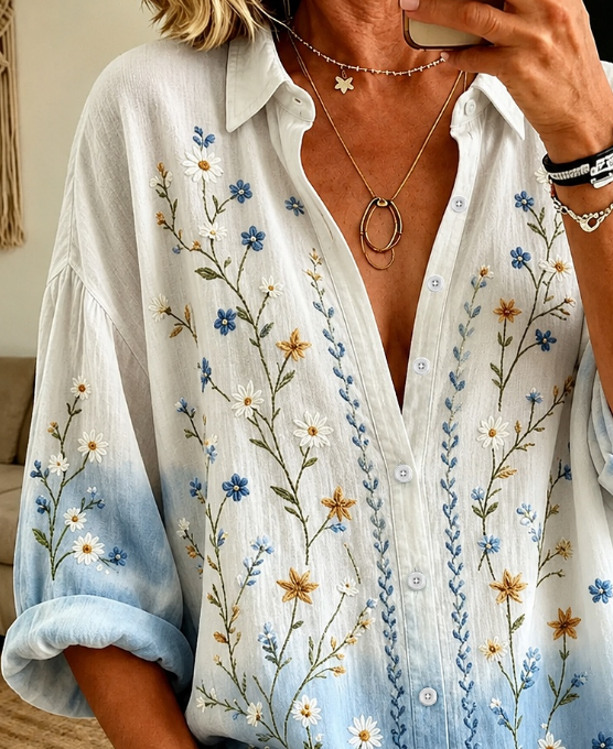 Women Floral Vintage Shirt Shirt Collar Long Sleeve Printing Top