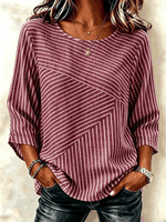 Women Striped Casual Blouse Crew Neck Three Quarter Sleeve Top