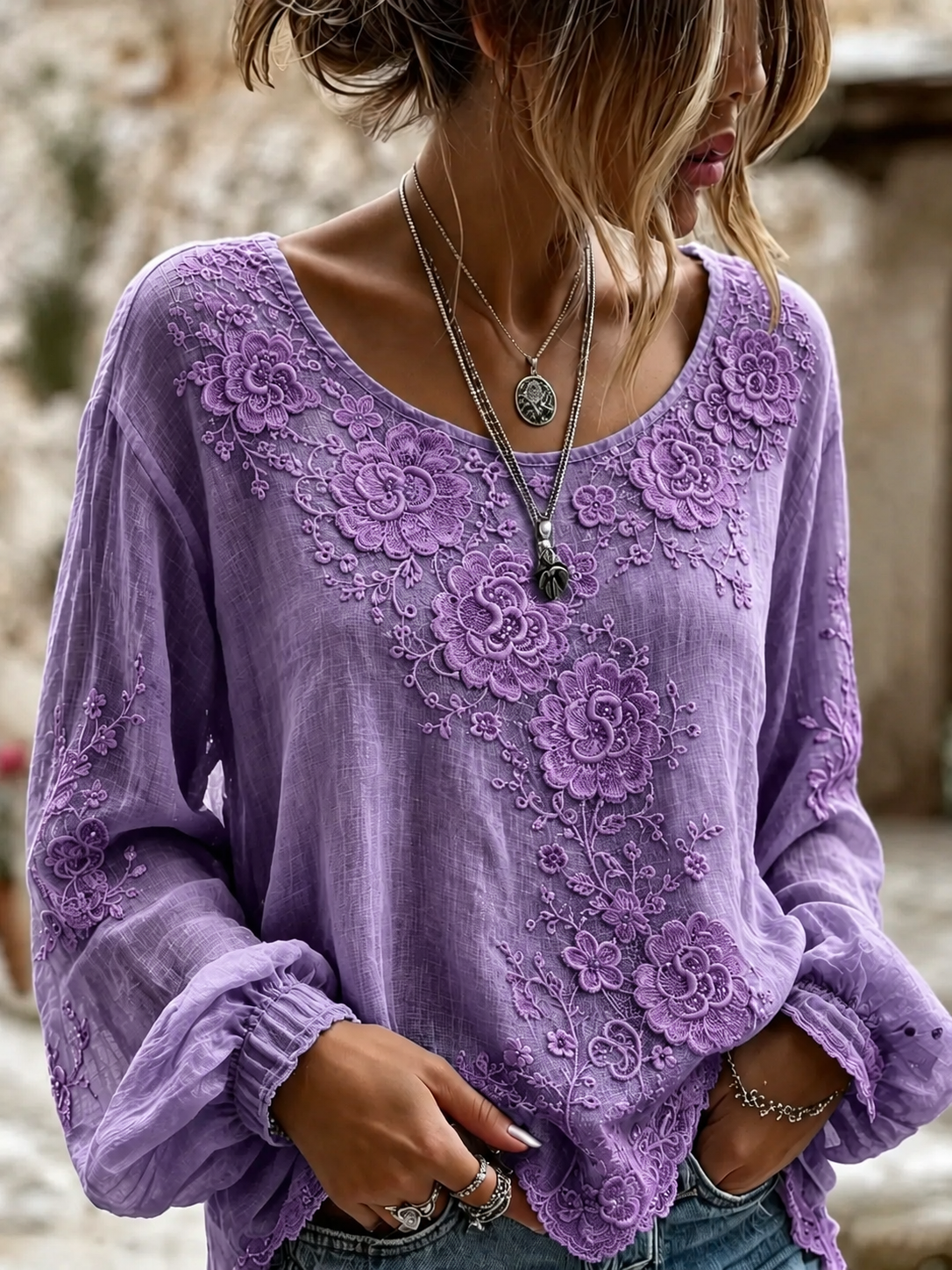 Women Floral Casual Blouse Crew Neck Long Sleeve Printing Top