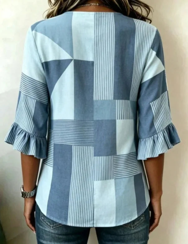 Women Abstract Graphic Vintage Blouse V Neck Half Sleeve Top
