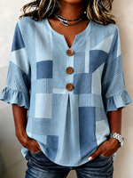 Women Abstract Graphic Vintage Blouse V Neck Half Sleeve Top