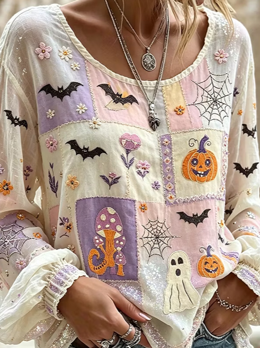 Women Halloween Casual Blouse Crew Neck Long Sleeve Printing Top